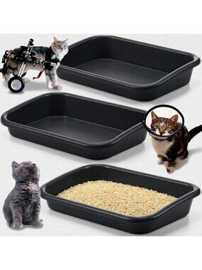 3-Piece Large Low Entry Cat Litter Box Set - Dark Gray, Easy Access & Clean